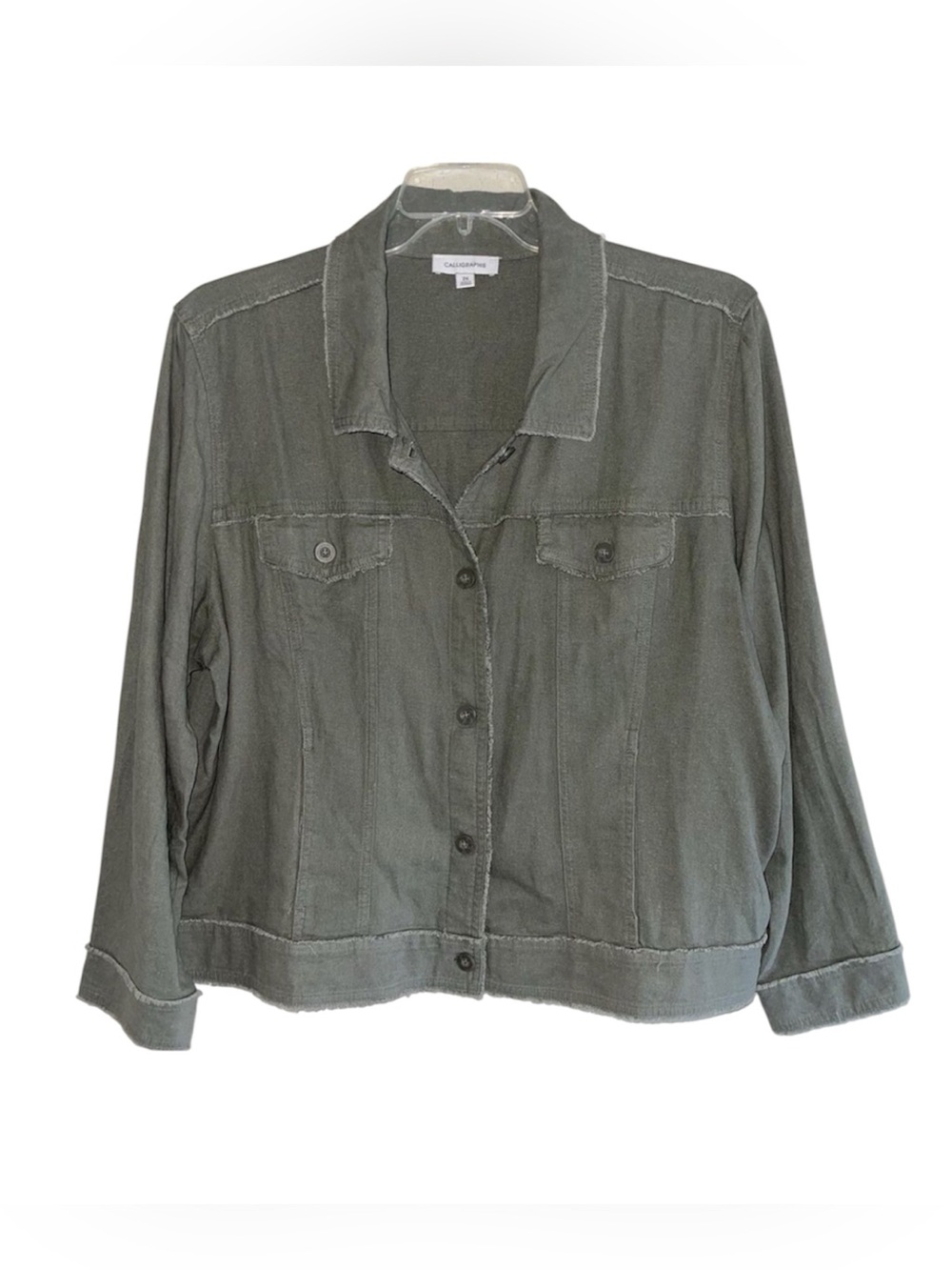 Calligraphie Olive Green Jacket Plus Size 2X Linen Blend Fringe Trim Collared